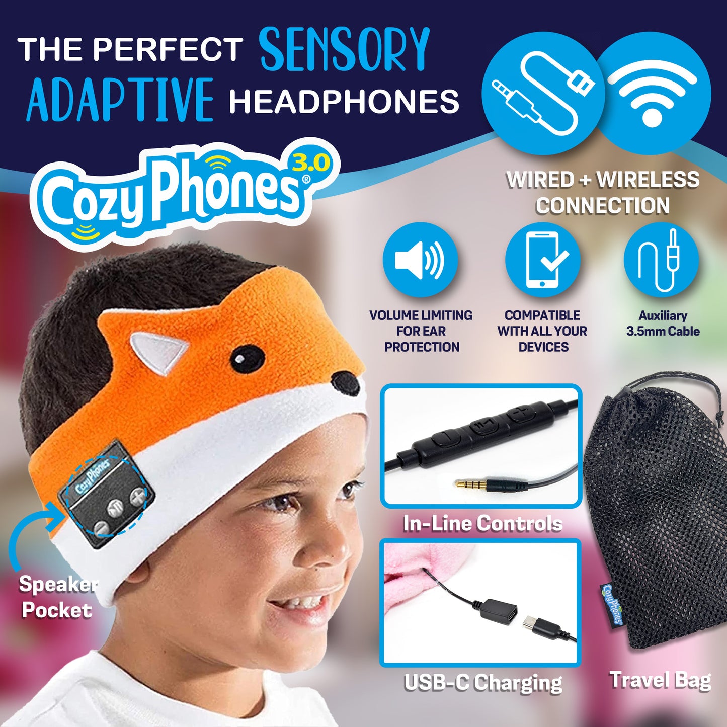 CozyPhones Sensory Adaptive Wireless / Wired Headband Headphones - Fox