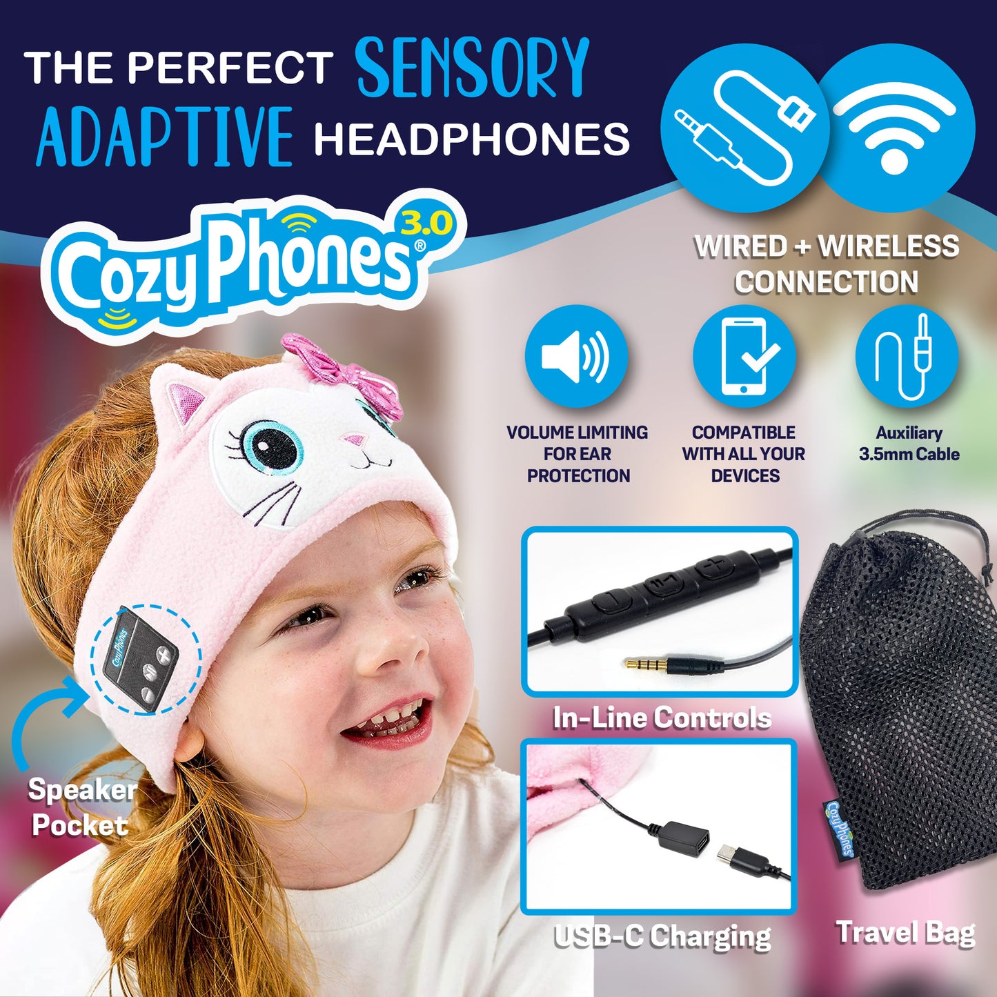 CozyPhones Sensory Adaptive Wireless / Wired Headband Headphones - Pink Kitty