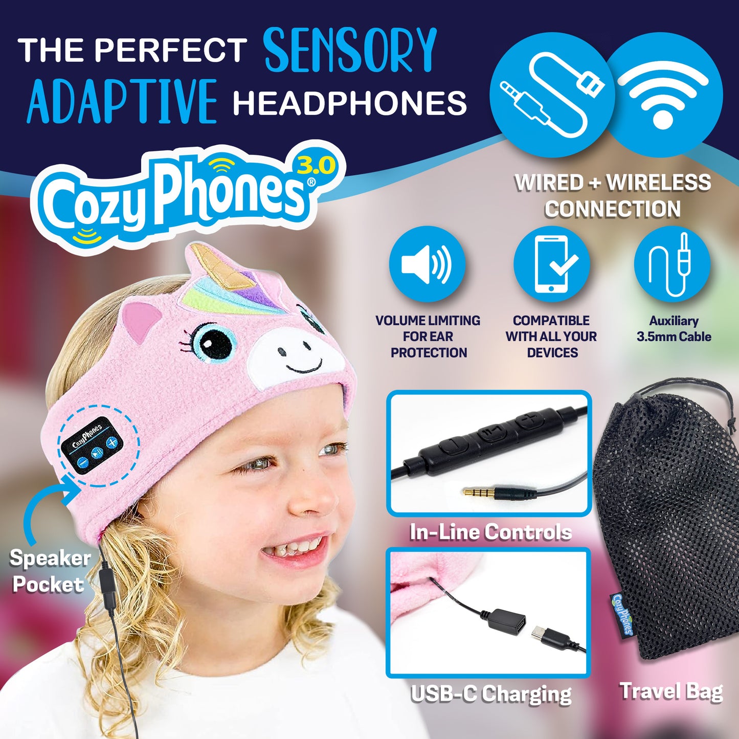 CozyPhones Sensory Adaptive Wireless / Wired Headband Headphones - Pink Unicorn