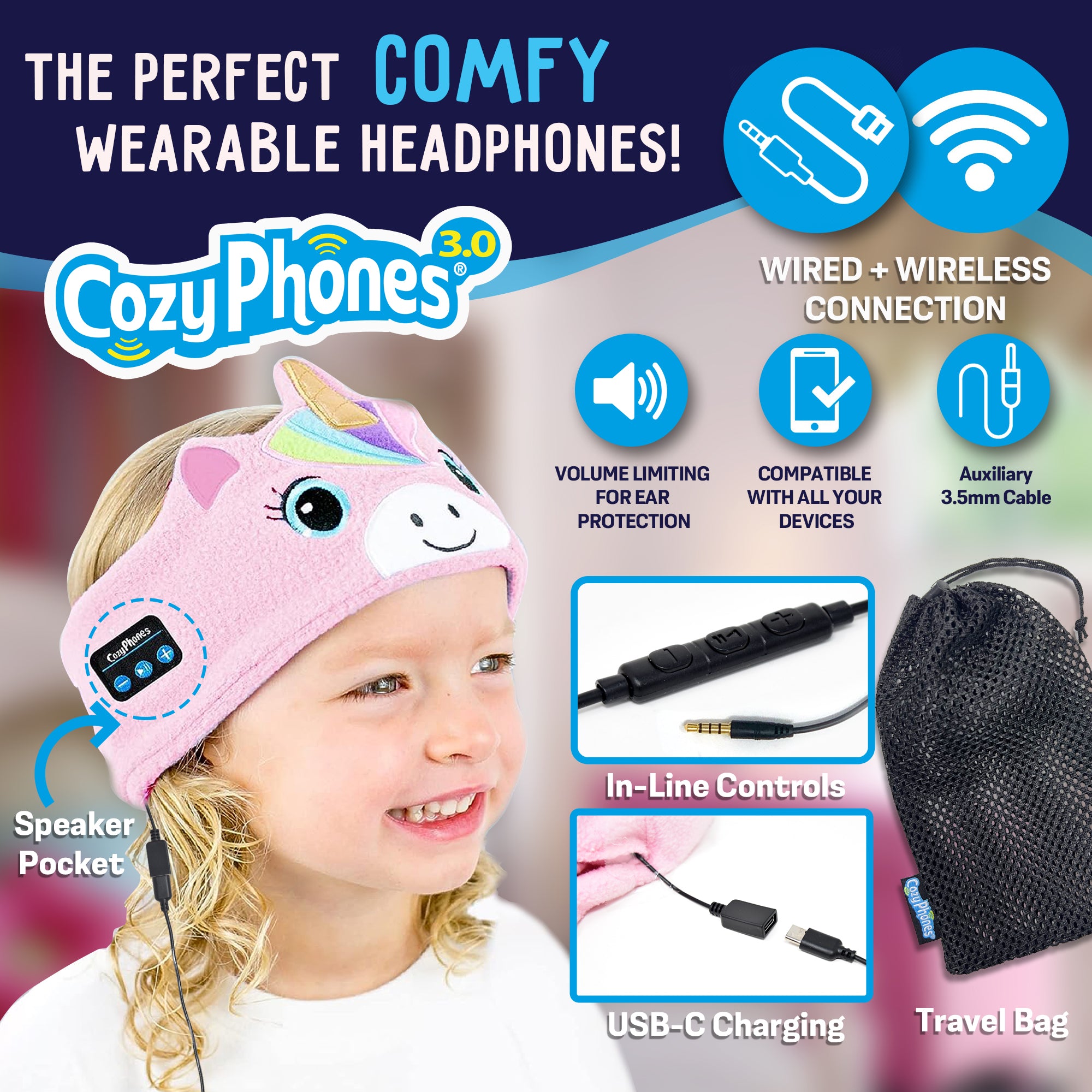 CozyPhones 3.0 Wireless Wired Headband Headphones CozyPhones